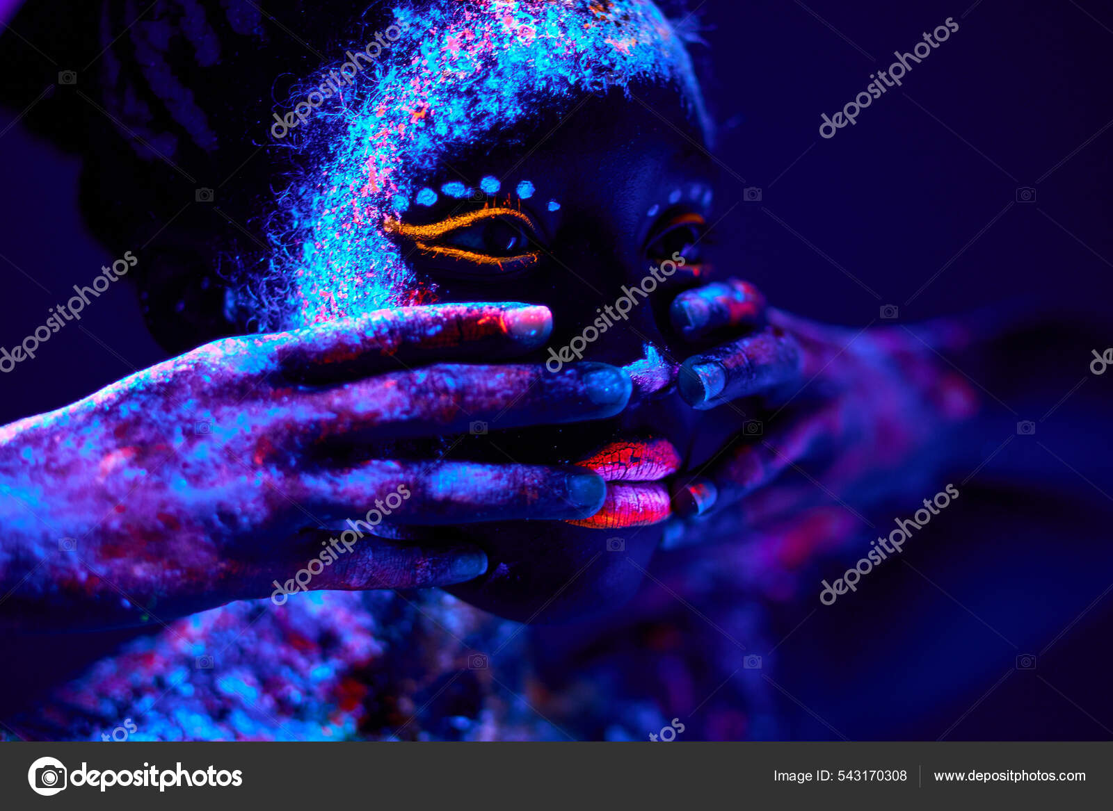 Close-up black female with fluorescent prints on skin, cosmic paint glowing  on neon lights Stock Photo by ©ufabizphoto 543170308